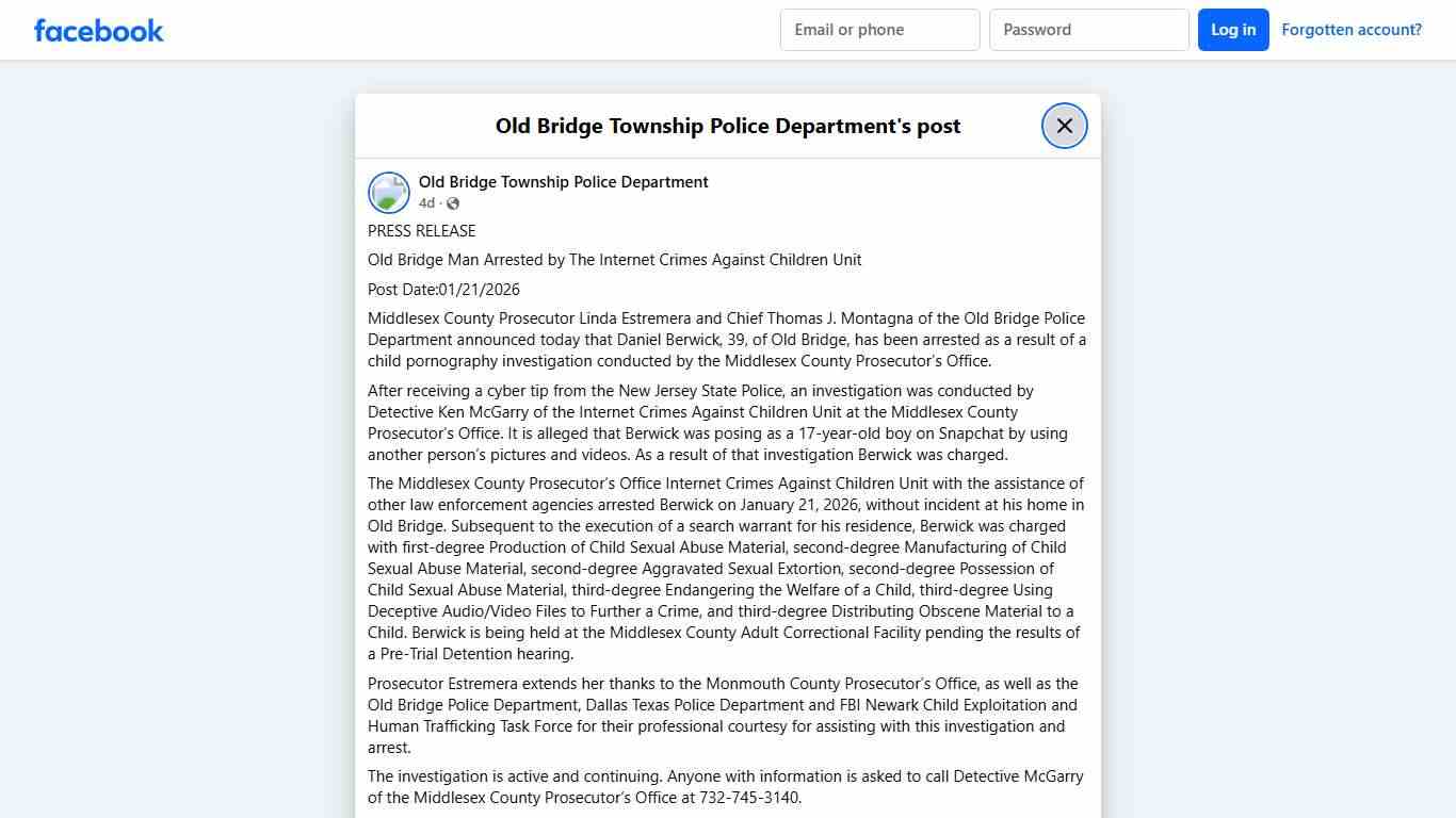 PRESS RELEASE Old... - Old Bridge Township Police Department Facebook