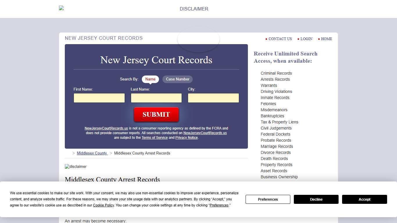 Middlesex County Arrest Records NewJerseyCourtRecords.us